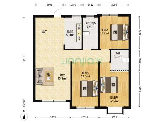恒信昆仑公馆 3室1厅2卫 122平方