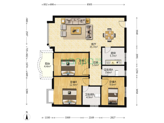 津源居 3室1厅2卫 120平方