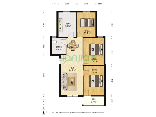 金海花园 3室1厅1卫 93平方