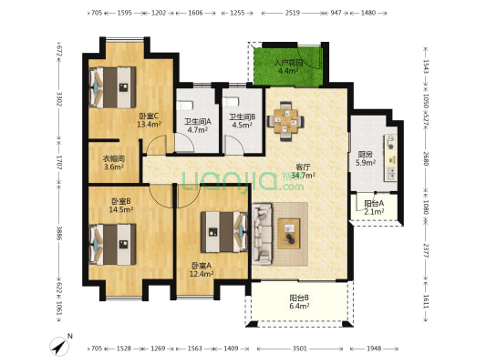 源海仙村一号 3室1厅2卫 129平方