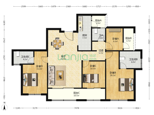 鲁能泰山7号九街区 4室1厅3卫 163平方