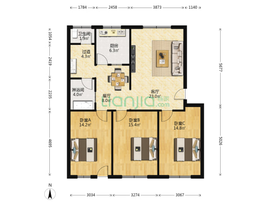 亚昌小区 3室2厅2卫 118平方