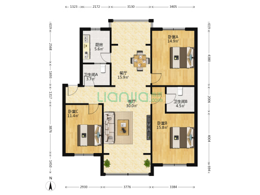 红河苑 3室2厅2卫 114平方