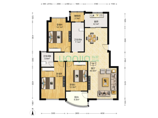 金辉家园 3室1厅2卫 125平方