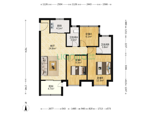 金辉庐州云著 3室1厅2卫 96平方