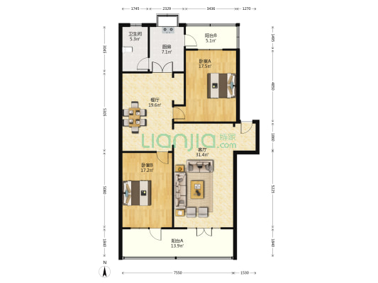 九中街73号 2室2厅1卫 134平方