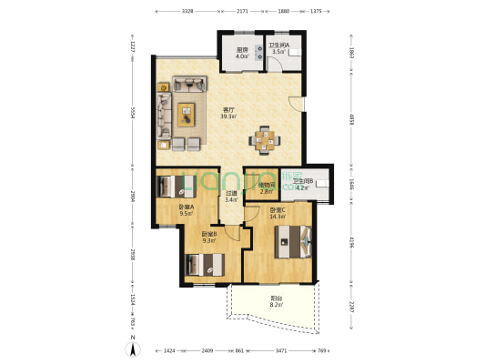 正日家园 3室1厅2卫 122平方