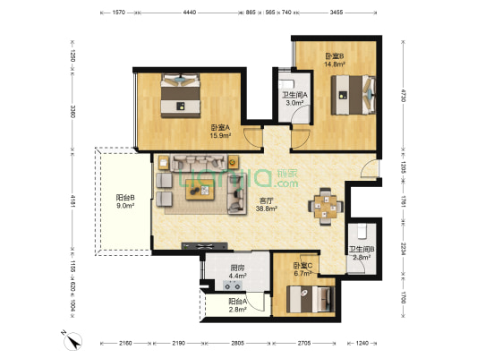 朝南凯旋汇 3室1厅2卫 122平方