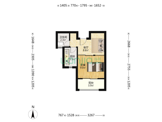住宅性质的公寓 一室一厅一厨一卫 简单温馨-户型图