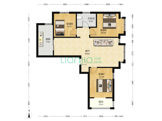 明卫 精装修 东户 满五 高楼层 视野开阔 带家具家电-户型图