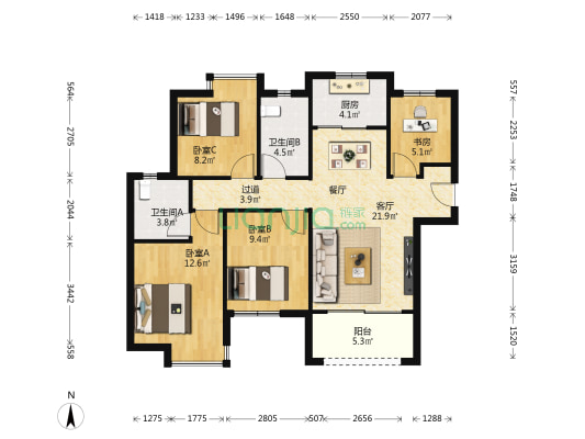 厦门紫云府 4室1厅2卫 108平方