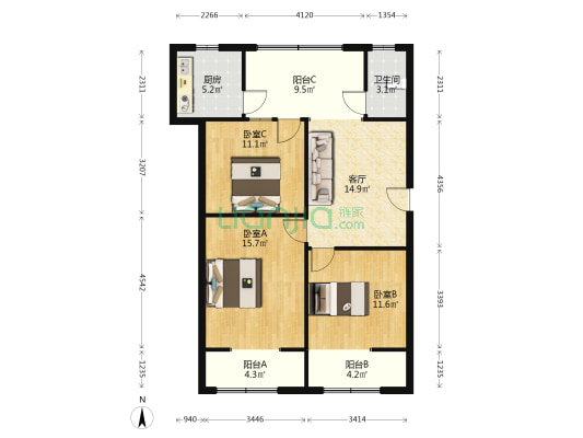 胡家巷92号院 3室1厅1卫 89平方