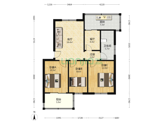 东明路北1号院 3室2厅1卫 87平方