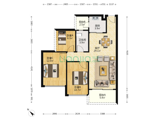 华邦星光里 3室1厅1卫 88平方