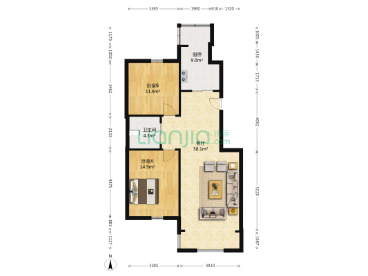 新发翡翠花溪 2室1厅1卫 97平方