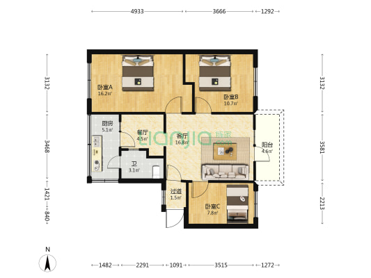 市人民医院宿舍 3室2厅1卫 70平方