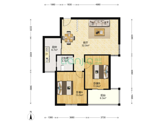 站前阳光 2室1厅1卫 93平方