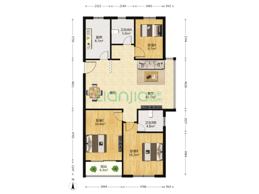 华业公寓 3室1厅2卫 150平方
