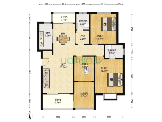 建邦华府 3室1厅2卫 119平方