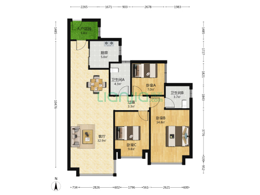 亚运城天际 3室1厅2卫 105平方