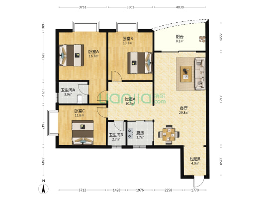 万缘公寓 3室1厅2卫 127平方