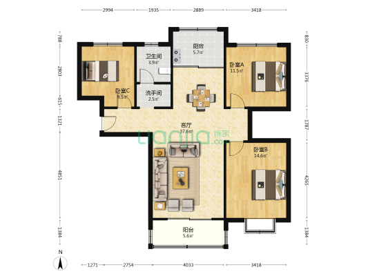 清华园(射阳县) 3室1厅2卫 132平方