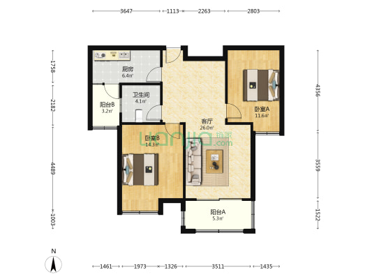 富力桃园B区 2室1厅1卫 87平方