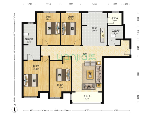 金品时代172平米四居  业主诚意出售 价格可议-户型图