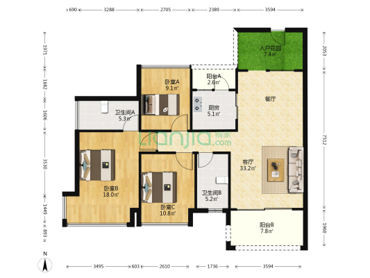 东港华府 3室1厅2卫 117平方