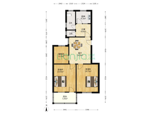 迎宾南路60号 2室1厅2卫 84平方