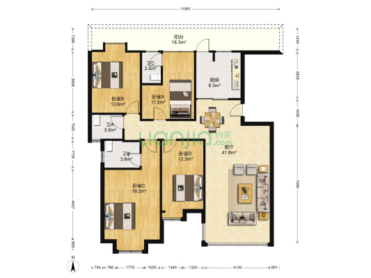 北湖丽都 4室1厅3卫 145平方
