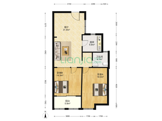 金盘苑 2室1厅1卫 108平方