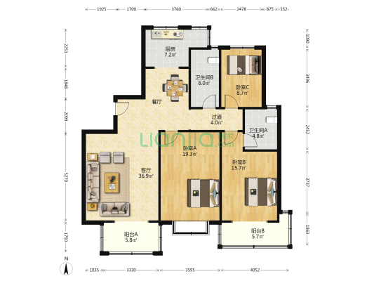 都市花园 3室1厅2卫 148平方