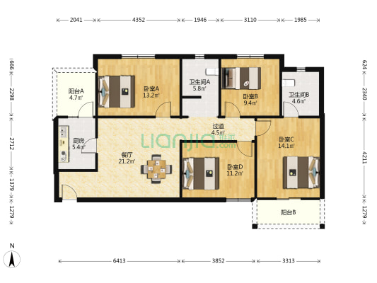 红旗欣居C区 4室1厅2卫 119平方