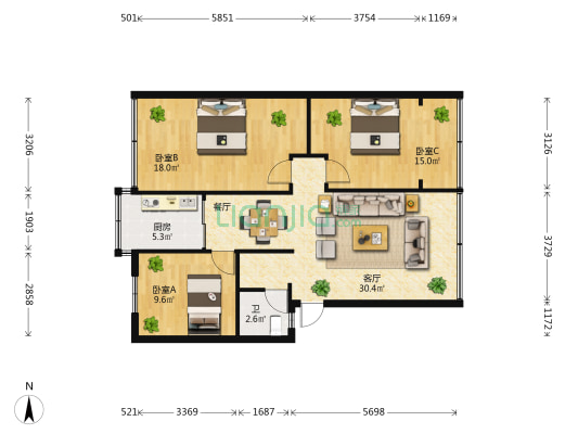 半导体厂宿舍 3室1厅1卫 95平方