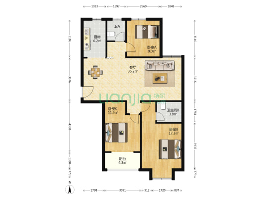 金汇龙湖 3室1厅2卫 124平方