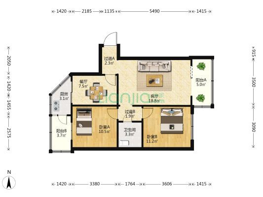 云山小区 2室2厅1卫 76平方