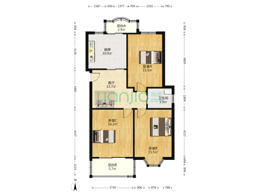 天枫公寓 3室1厅1卫 107平方
