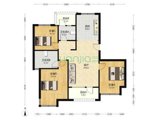 凤麟府南北通透三居 毛坯 看房方便-户型图