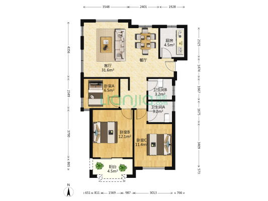 中山花苑 3室1厅2卫 115平方