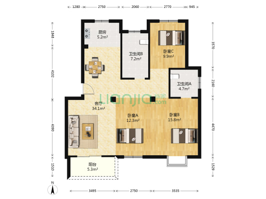 桃源新村朱家漕佳苑 3室1厅2卫 107平方