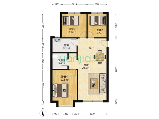 天鸿云公馆B6 3室1厅1卫 97平方