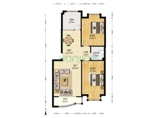 世家花园 2室2厅1卫 95平方