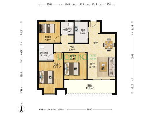 润泽园一期 3室1厅2卫 105平方