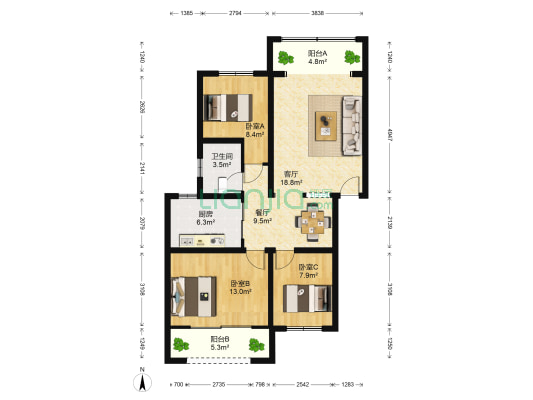 文圃花园 3室2厅1卫 98平方