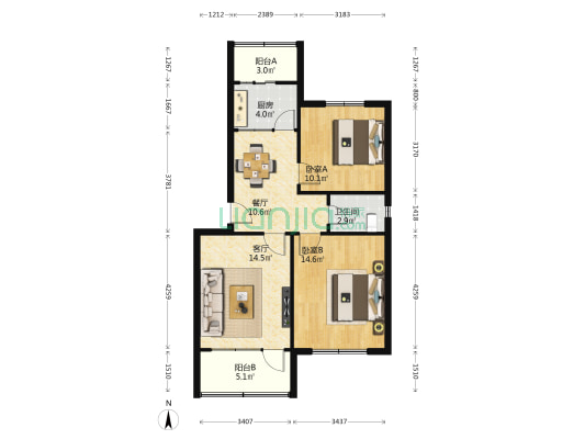 河南庄南小区 2室2厅1卫 76平方