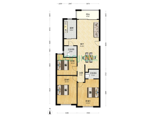 罗西住宅区五组团 3室1厅2卫 126平方