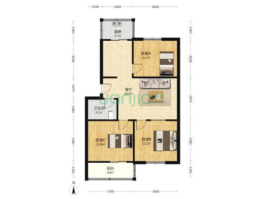 二体校宿舍 3室1厅1卫 87平方