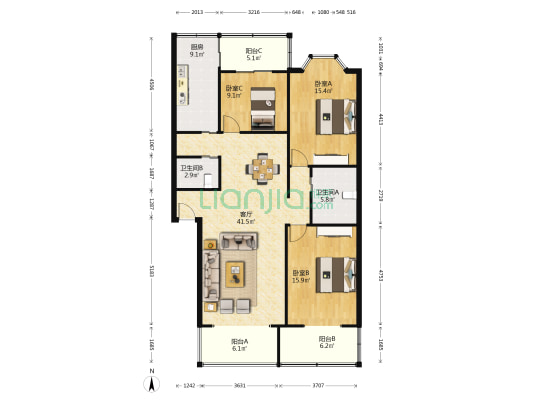 清江东路35号 3室1厅2卫 125平方