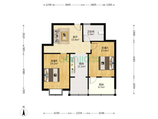 花园路152号 2室1厅1卫 75平方